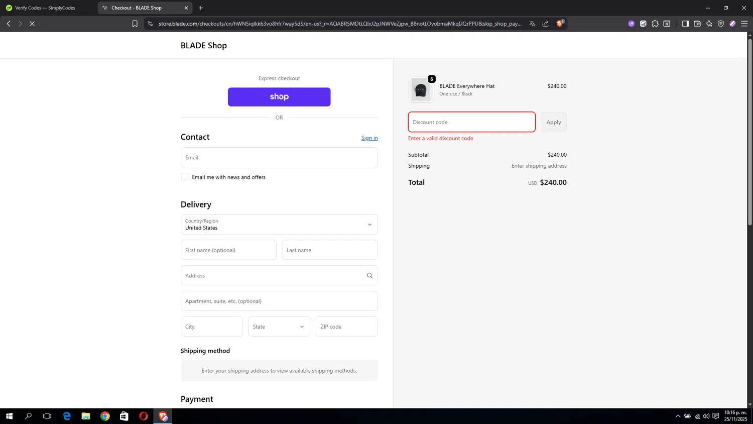 Blade promo code screenshot showing code CarolC079 applied at Blade checkout page. Uploaded by SimplyCodes community member miguel02 on Nov 26, 2025