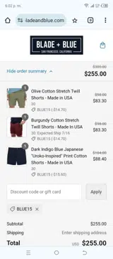 BLUE15 coupon verification screenshot