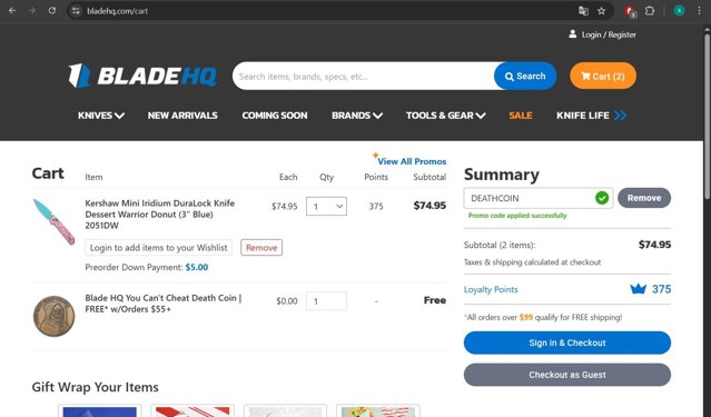 Blade HQ checkout page showing Blade HQ promo code box | Screenshot taken by SimplyCodes community member on Aug 11, 2025