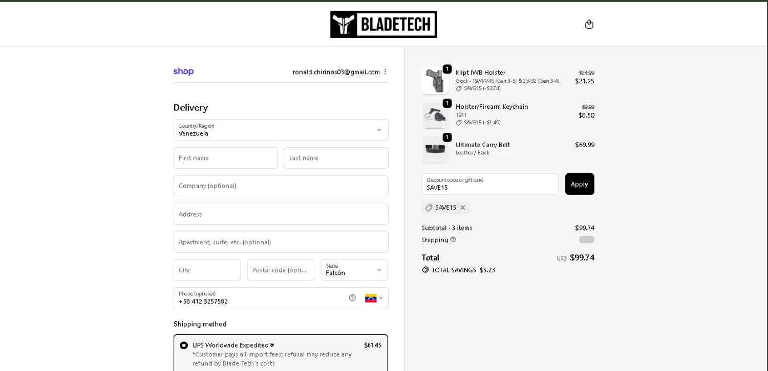 Blade-Tech discount code screenshot showing code SAVE15 applied at Blade-Tech checkout page. Uploaded by SimplyCodes community member davisams on Dec 10, 2025