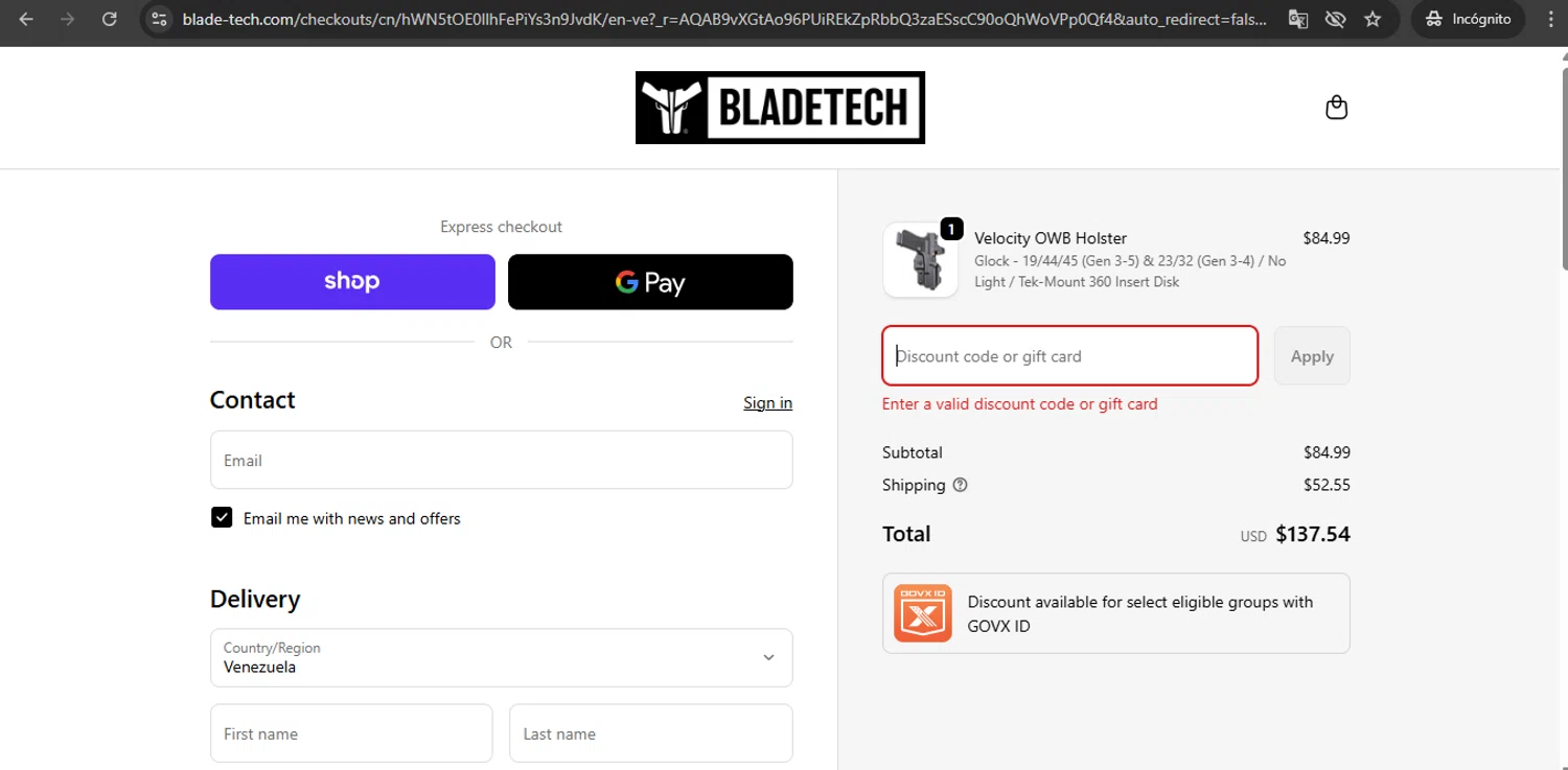 Blade-Tech discount code screenshot showing code EARLYBLKFRIDAY applied at Blade-Tech checkout page. Uploaded by SimplyCodes community member UchihaMadara on Nov 30, 2025