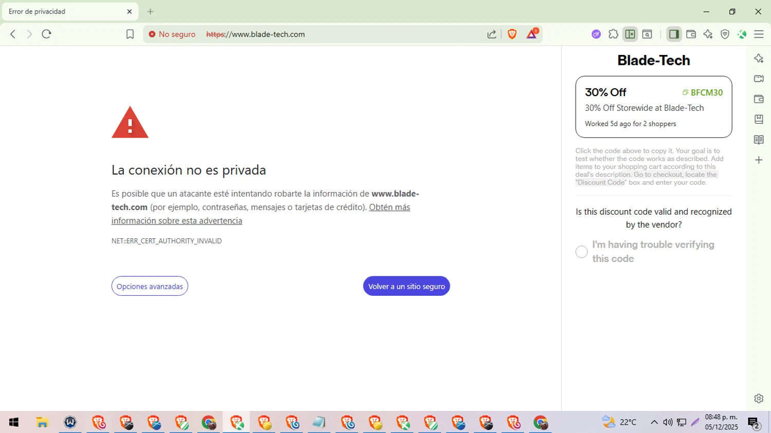 Blade-Tech discount code screenshot showing code BFCM30 applied at Blade-Tech checkout page. Uploaded by SimplyCodes community member ylleneromero on Dec 6, 2025
