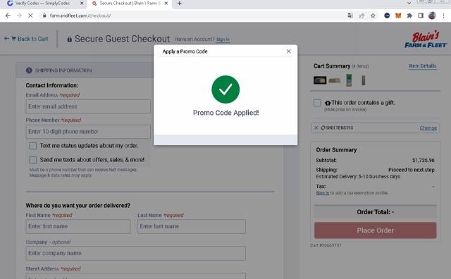 Blain's Farm & Fleet checkout page showing Blain's Farm & Fleet promo code box | Screenshot taken by SimplyCodes community member on May 31, 2022