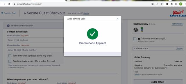 Blain's Farm & Fleet checkout page showing Blain's Farm & Fleet promo code box | Screenshot taken by SimplyCodes community member on May 31, 2022