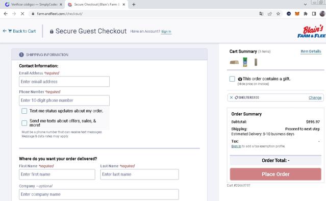 Blain's Farm & Fleet checkout page showing Blain's Farm & Fleet promo code box | Screenshot taken by SimplyCodes community member on May 31, 2022