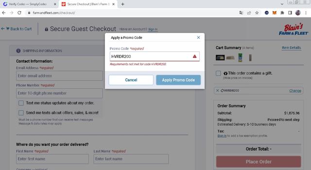 Blain's Farm & Fleet checkout page showing Blain's Farm & Fleet promo code box | Screenshot taken by SimplyCodes community member on May 31, 2022
