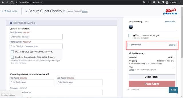Blain's Farm & Fleet checkout page showing Blain's Farm & Fleet promo code box | Screenshot taken by SimplyCodes community member on May 31, 2022