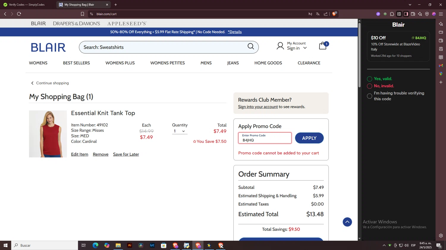Blair promo code screenshot showing code B4JHQ applied at Blair checkout page. Uploaded by SimplyCodes community member ArtPOPO on May 24, 2025