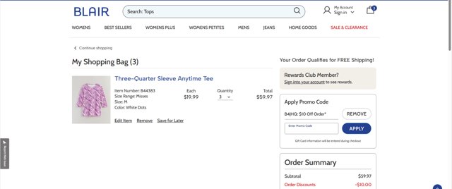 Blair checkout page showing Blair promo code box | Screenshot taken by SimplyCodes community member on Apr 25, 2025