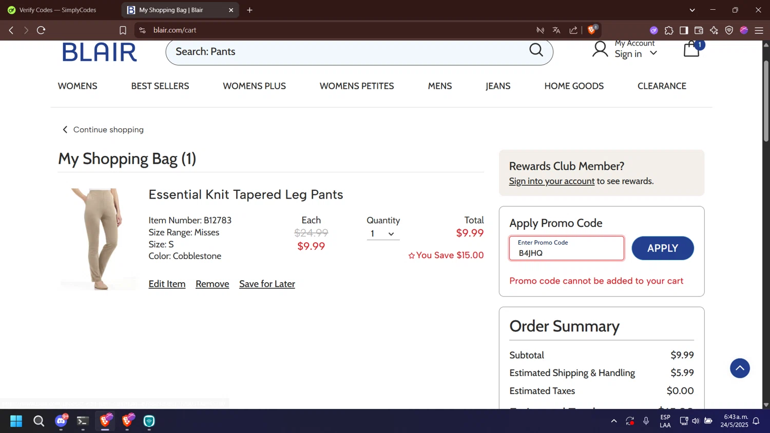 Blair promo code screenshot showing code B4JHQ applied at Blair checkout page. Uploaded by SimplyCodes community member missfortu on May 24, 2025