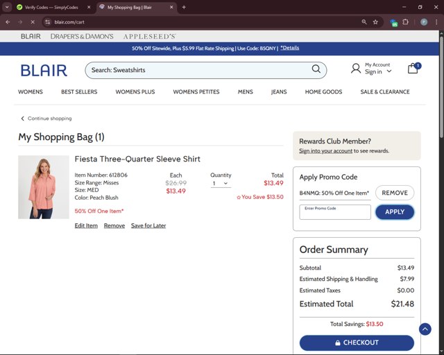 Blair checkout page showing Blair promo code box | Screenshot taken by SimplyCodes community member on Apr 20, 2025