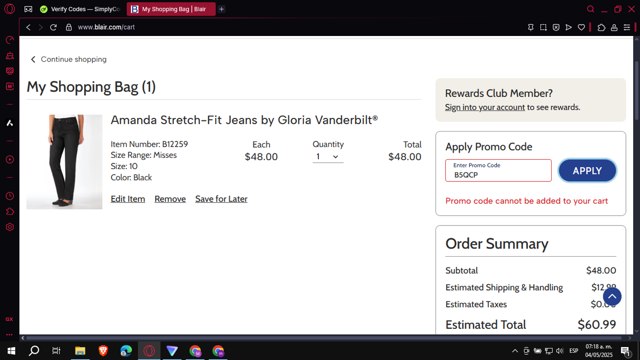 Blair checkout page showing Blair promo code box | Screenshot taken by SimplyCodes community member on May 4, 2025