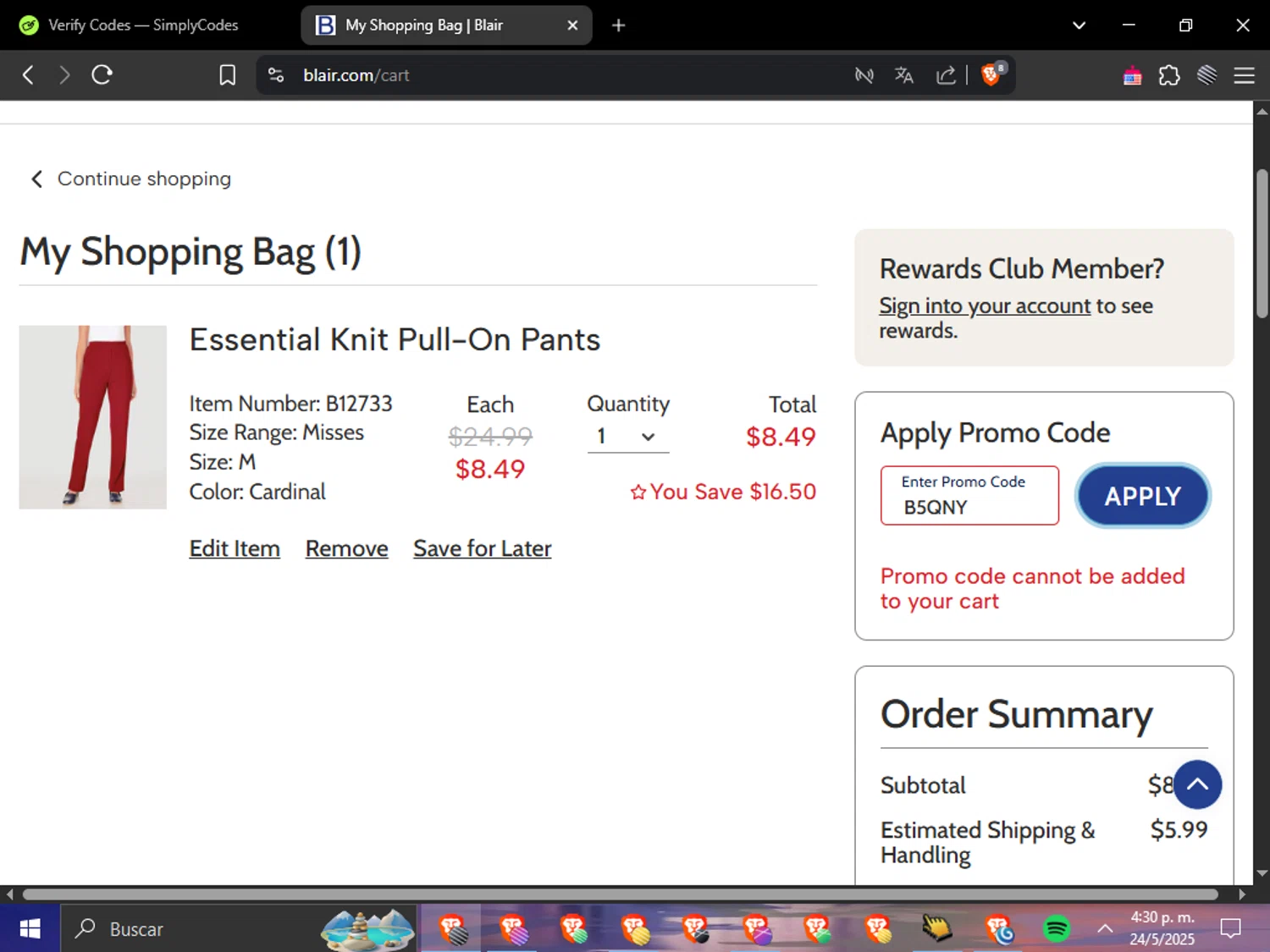 Blair promo code screenshot showing code B5QNY applied at Blair checkout page. Uploaded by SimplyCodes community member Cuponzinho on May 24, 2025