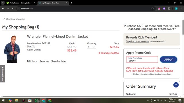 Blair checkout page showing Blair promo code box | Screenshot taken by SimplyCodes community member on May 6, 2025