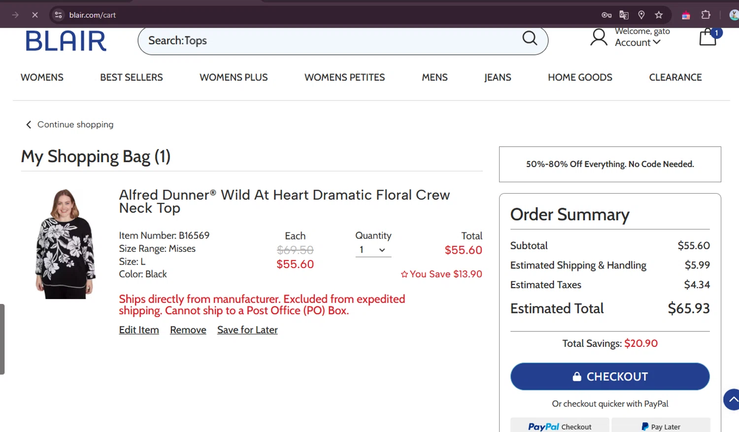 Blair promo code screenshot showing code B5QNY applied at Blair checkout page. Uploaded by SimplyCodes community member elgatobravo on May 24, 2025