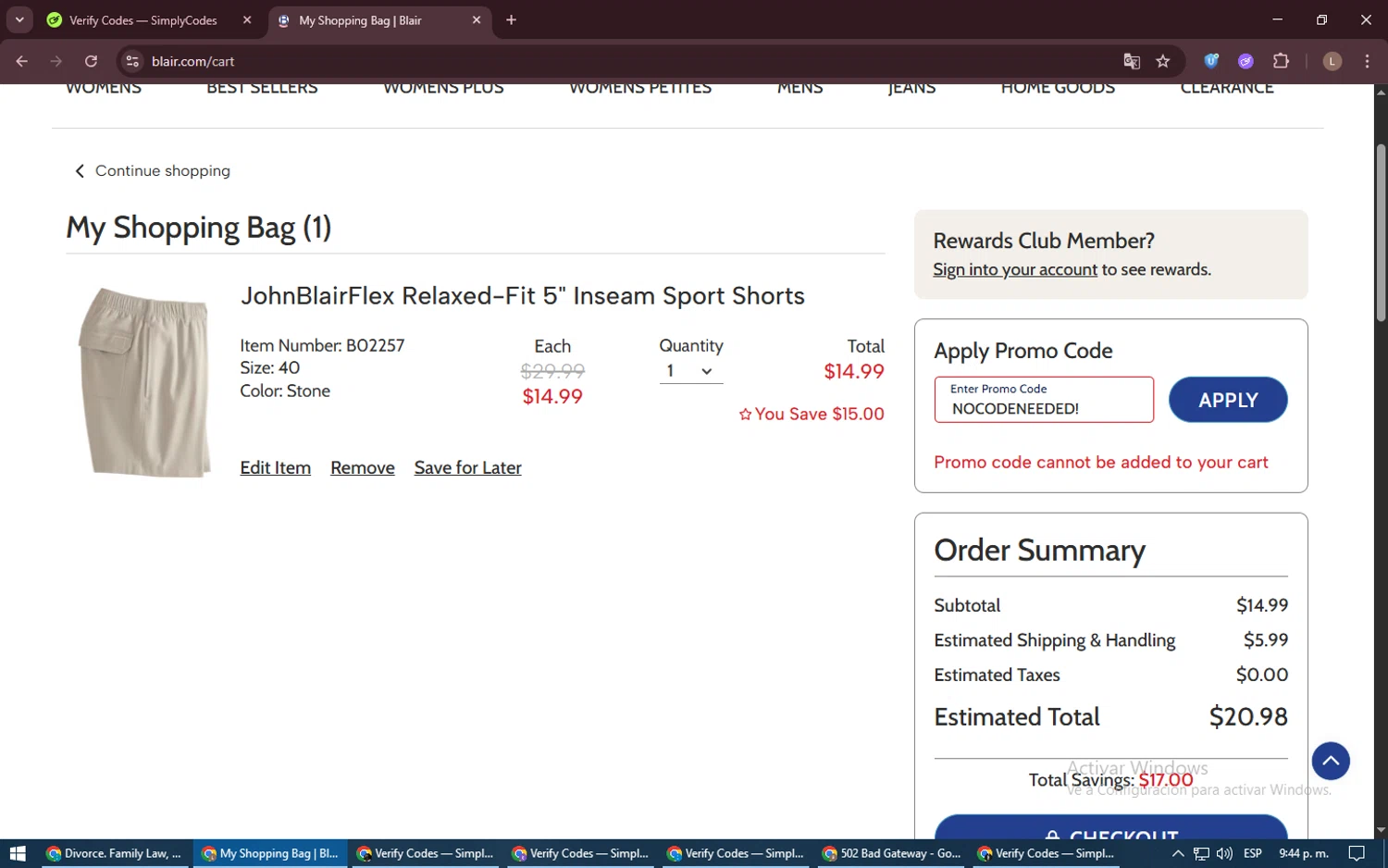 Blair promo code screenshot showing code NOCODENEEDED! applied at Blair checkout page. Uploaded by SimplyCodes community member BrilliantTiger9986 on Jun 6, 2025