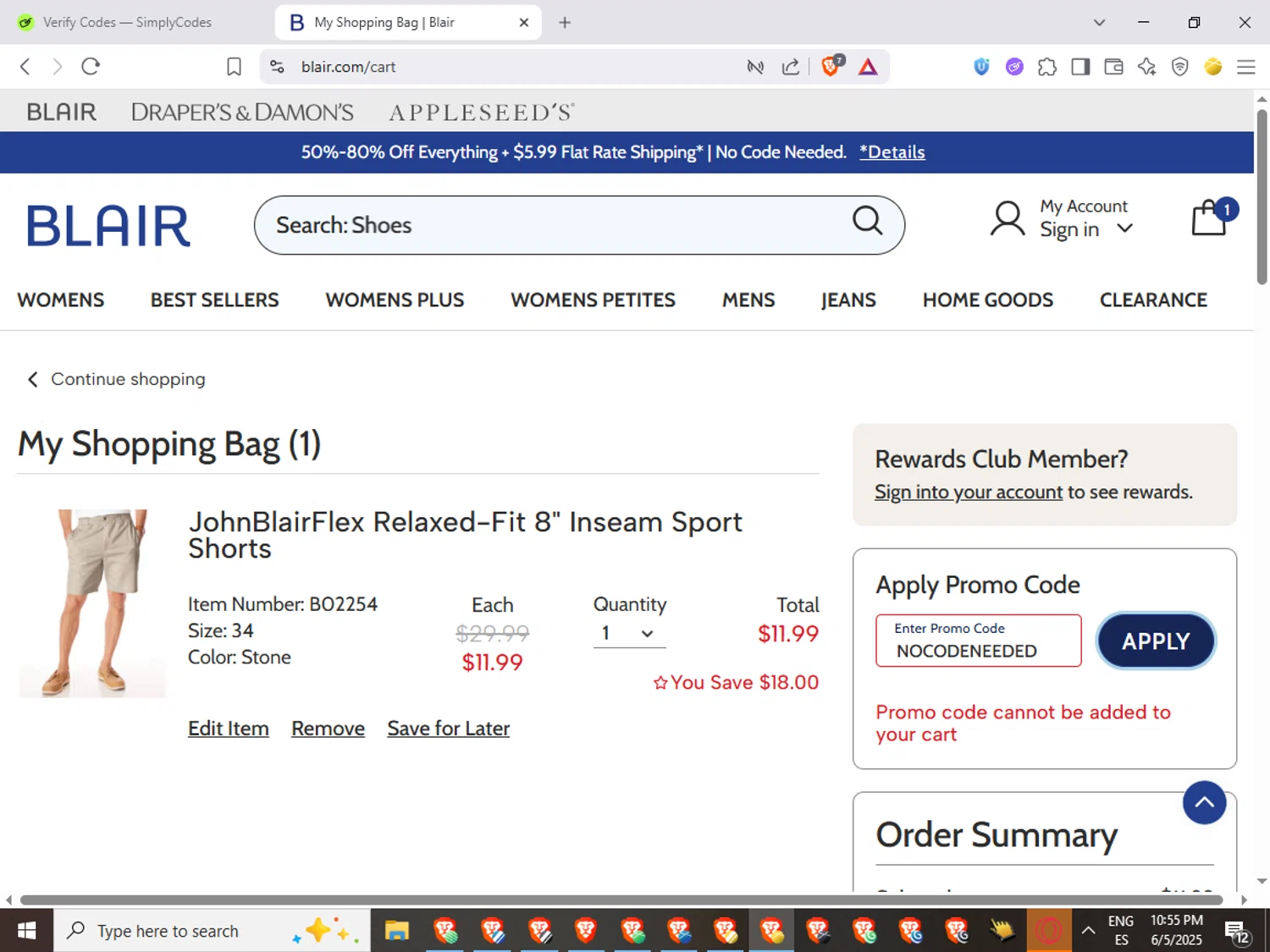 Blair promo code screenshot showing code NOCODENEEDED! applied at Blair checkout page. Uploaded by SimplyCodes community member QuestWarden1268 on Jun 6, 2025