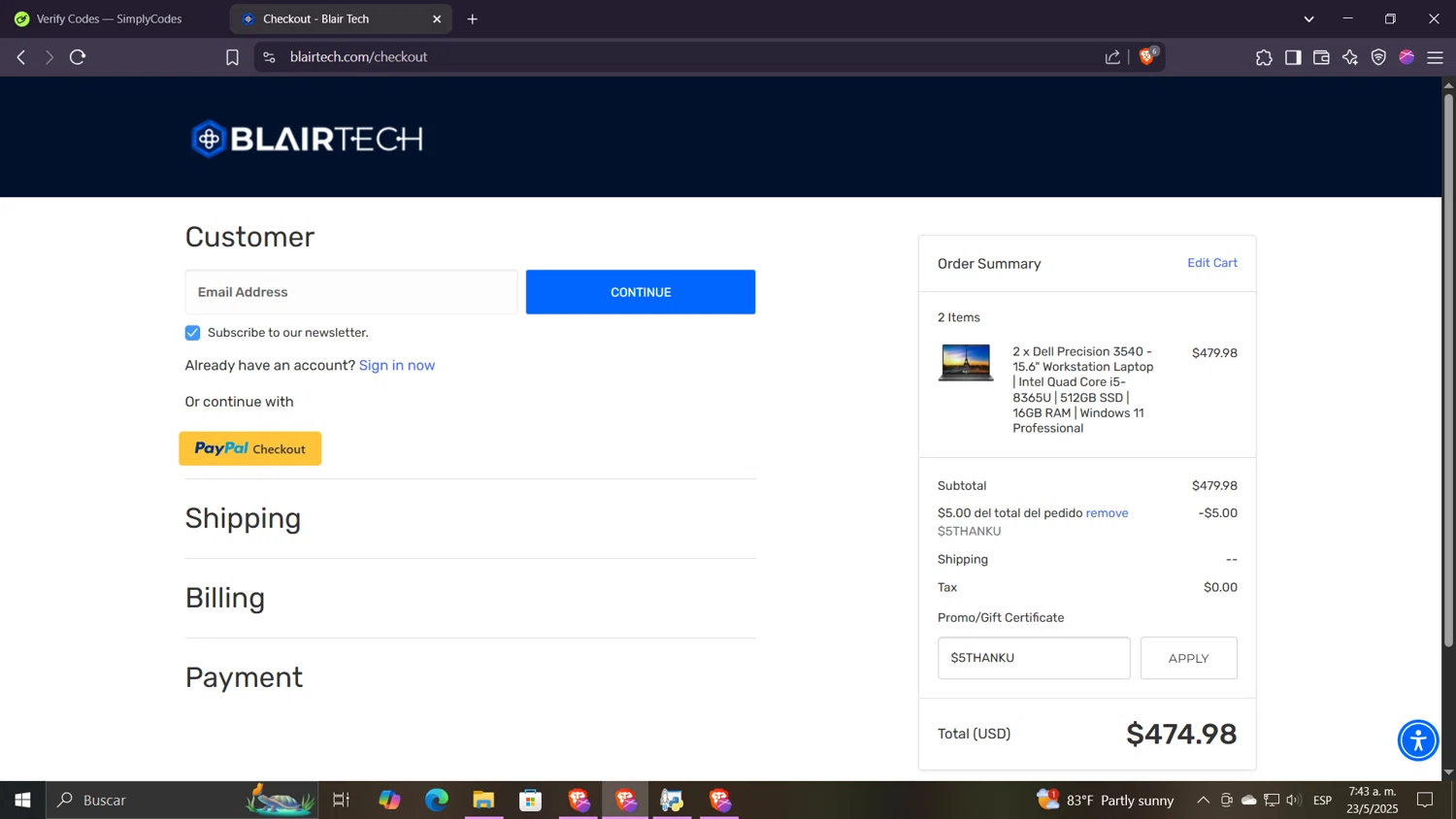 BlairTech promo code screenshot showing code $5THANKU applied at BlairTech checkout page. Uploaded by SimplyCodes community member Despechao on May 23, 2025