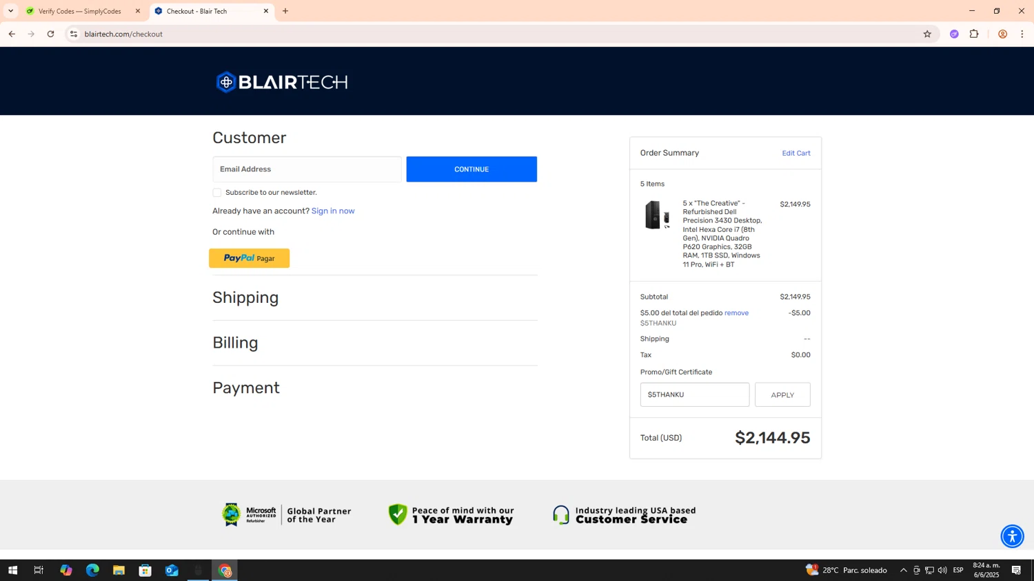 BlairTech promo code screenshot showing code $5THANKU applied at BlairTech checkout page. Uploaded by SimplyCodes community member RoyalLegend4835 on Jun 6, 2025