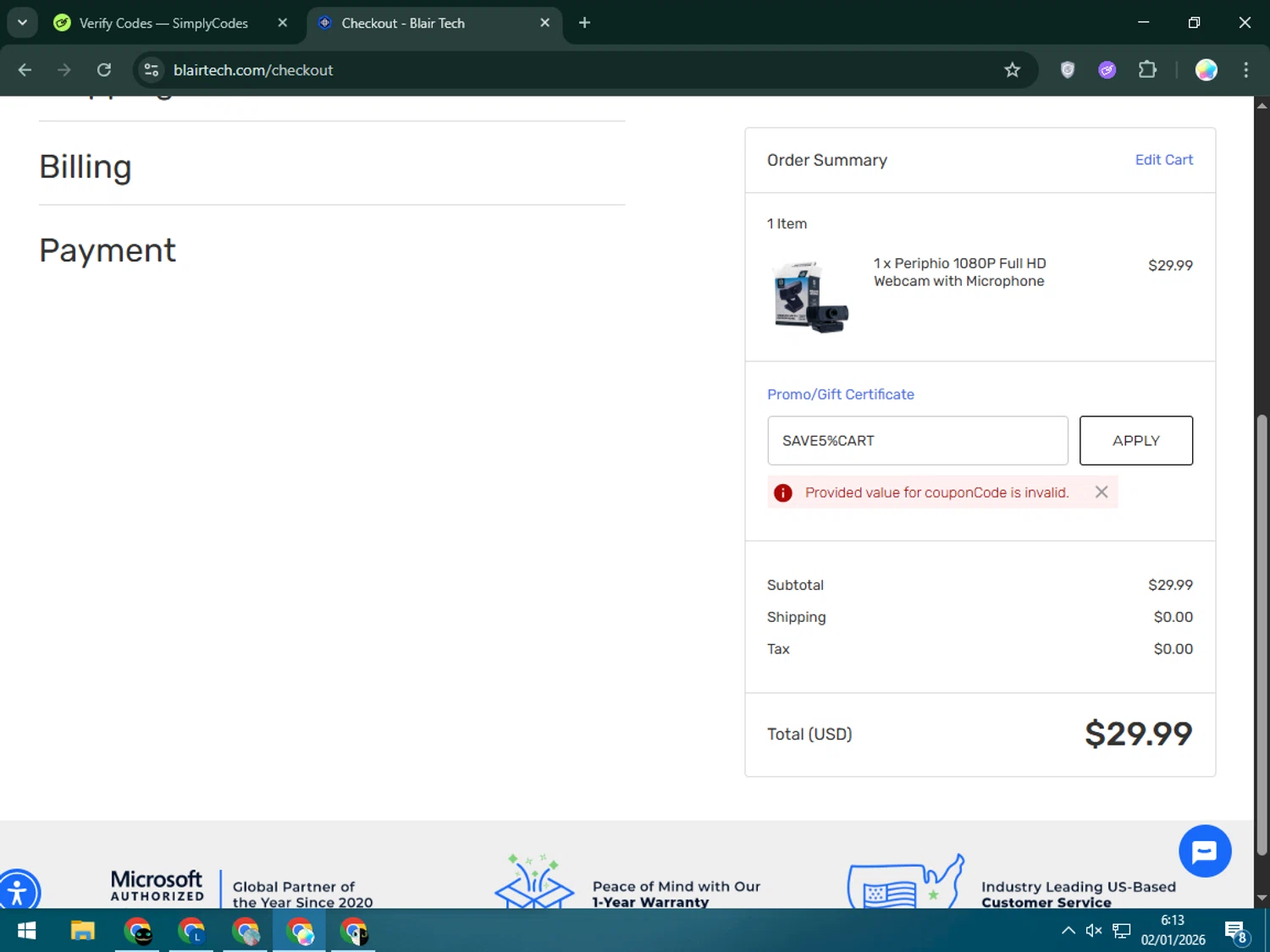 BlairTech promo code screenshot showing code SAVE5%CART applied at BlairTech checkout page. Uploaded by SimplyCodes community member Estrellitacoairis on Jan 2, 2026