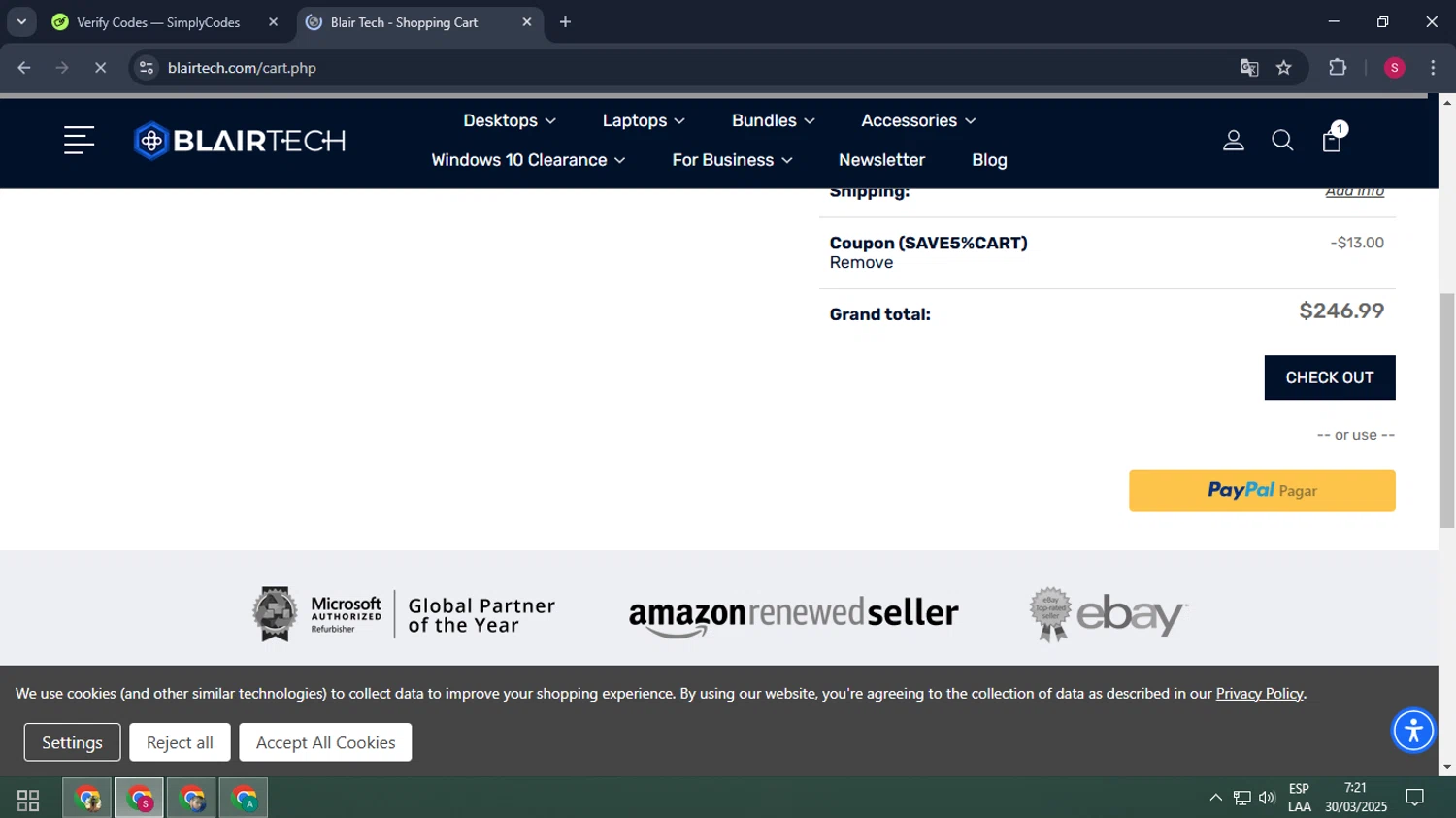 BlairTech promo code screenshot showing code SAVE5%CART applied at BlairTech checkout page. Uploaded by SimplyCodes community member BALLERINA on Mar 30, 2025