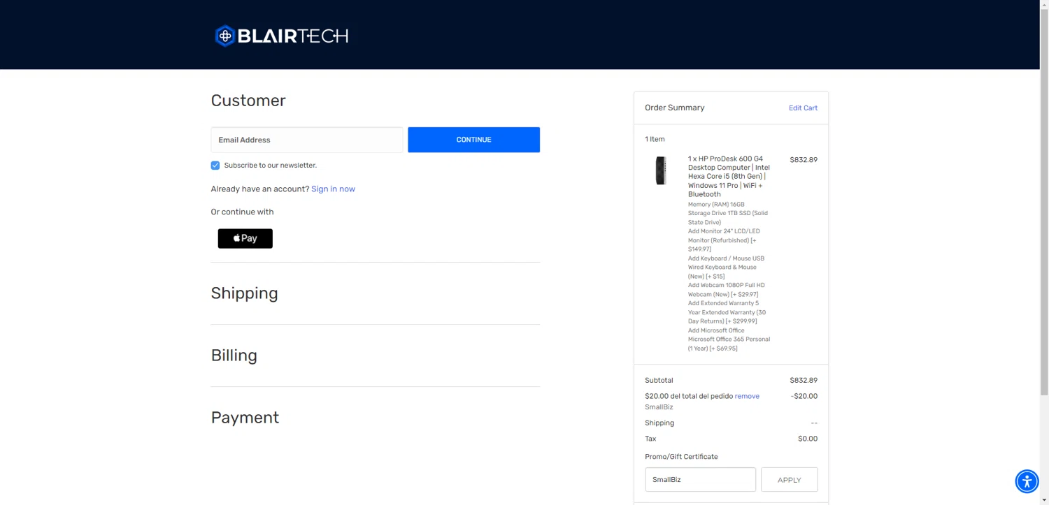 BlairTech promo code screenshot showing code SmallBiz applied at BlairTech checkout page. Uploaded by SimplyCodes community member VoucherFinder2711 on May 21, 2025