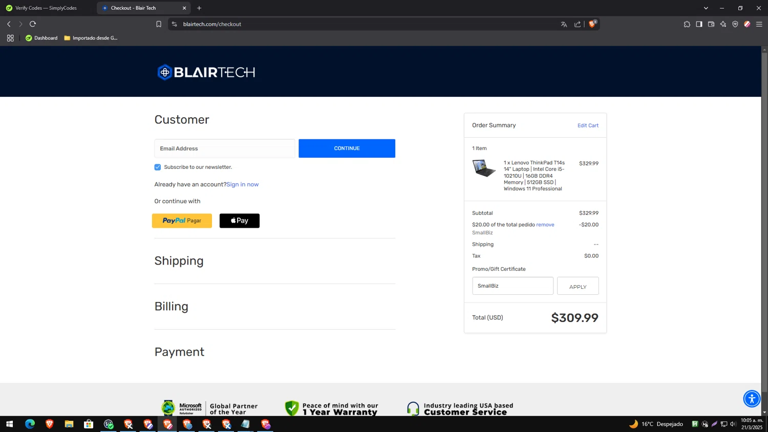 BlairTech promo code screenshot showing code SmallBiz applied at BlairTech checkout page. Uploaded by SimplyCodes community member CleverTracker4432 on Mar 21, 2025