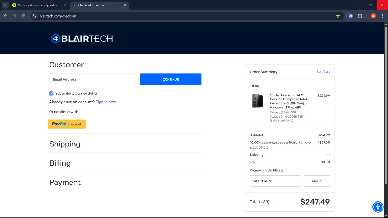 BlairTech promo code screenshot showing code WELCOME10 applied at BlairTech checkout page. Uploaded by SimplyCodes community member PromoMonarch895 on Jul 30, 2025