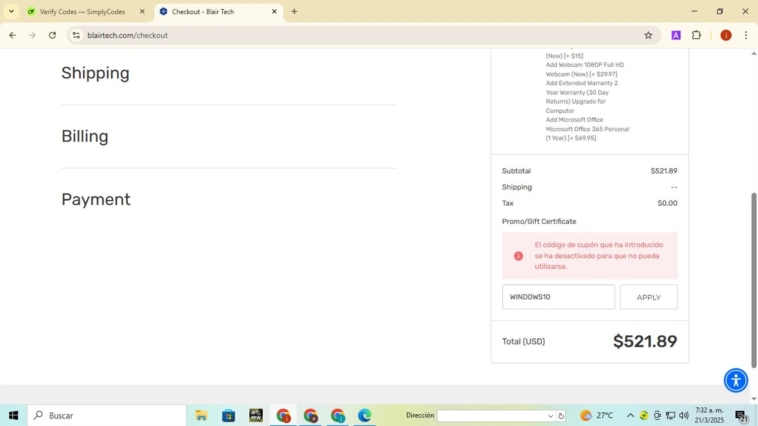 BlairTech promo code screenshot showing code WINDOWS10 applied at BlairTech checkout page. Uploaded by SimplyCodes community member FortunatePilot2384 on Mar 21, 2025