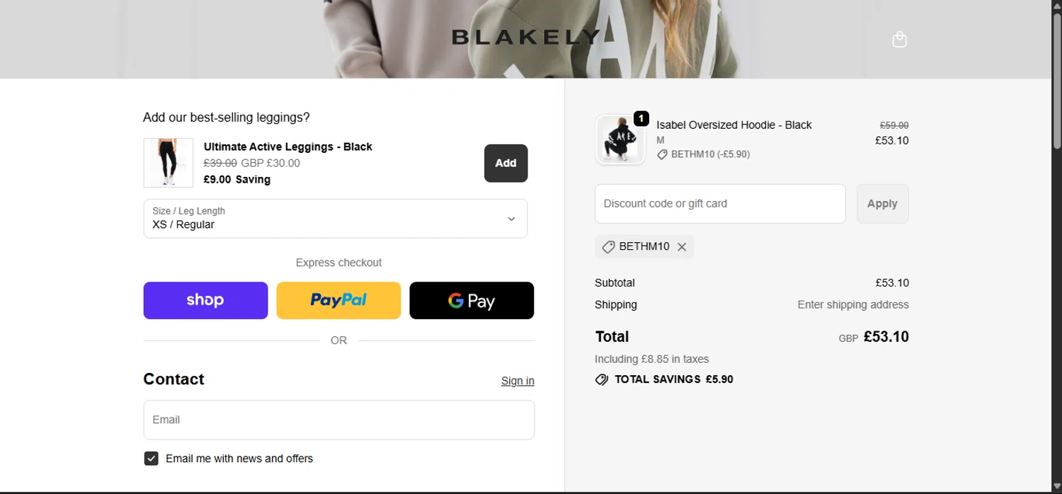 Blakely Clothing discount code screenshot showing code BETHM10 applied at Blakely Clothing checkout page. Uploaded by SimplyCodes community member ______________ on Nov 18, 2025