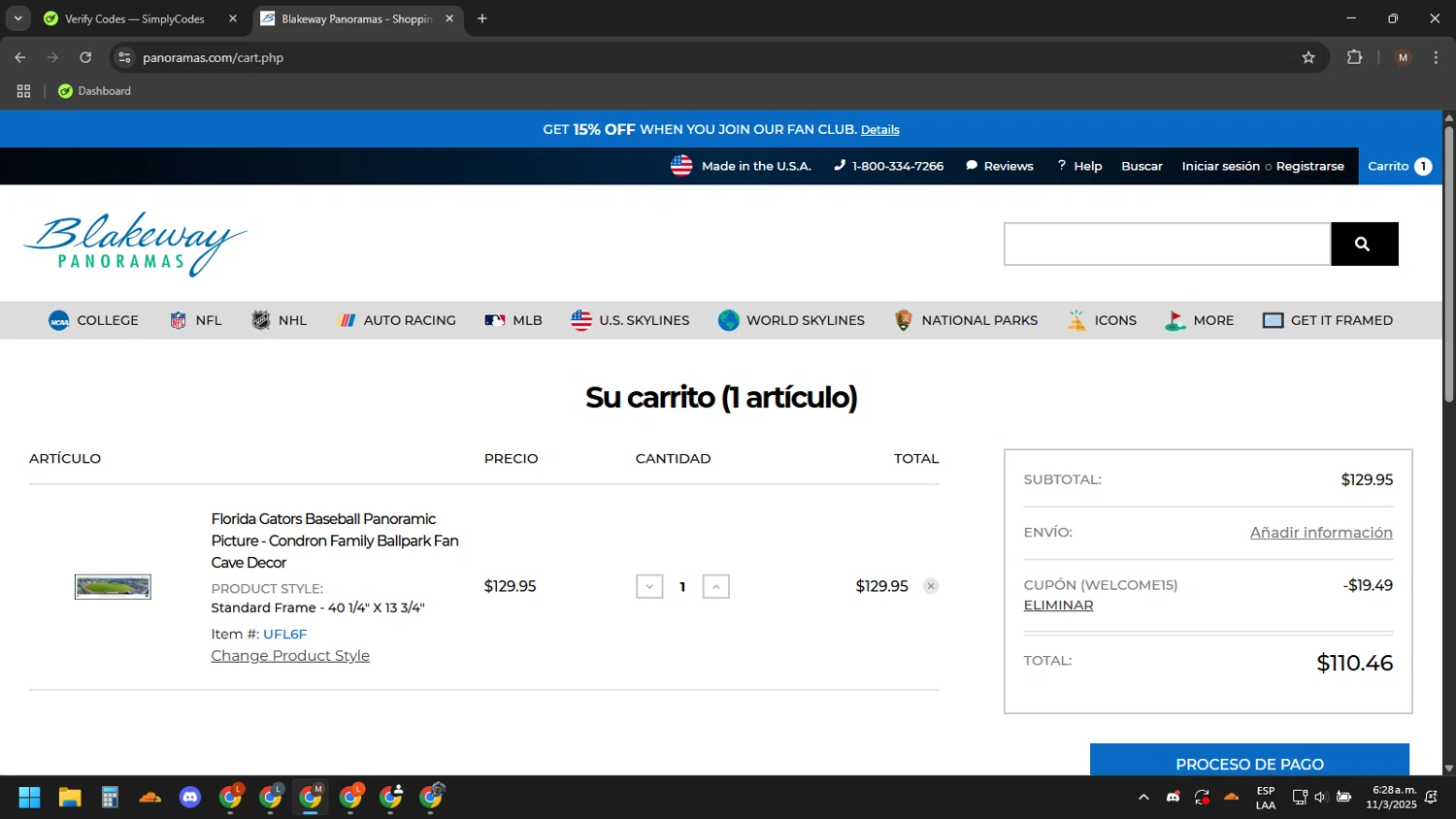 Blakeway Worldwide Panoramas coupon code screenshot showing code WELCOME15 applied at Blakeway Worldwide Panoramas checkout page. Uploaded by SimplyCodes community member CouponWizard2714 on Mar 11, 2025