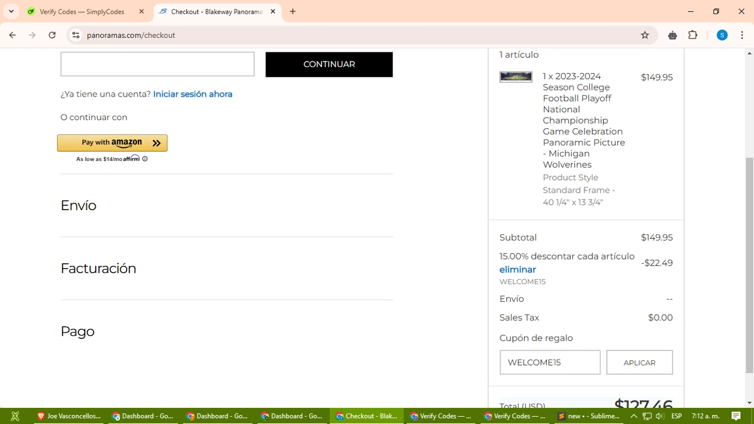 Blakeway Worldwide Panoramas coupon code screenshot showing code WELCOME15 applied at Blakeway Worldwide Panoramas checkout page. Uploaded by SimplyCodes community member uleesesv on Jan 8, 2025