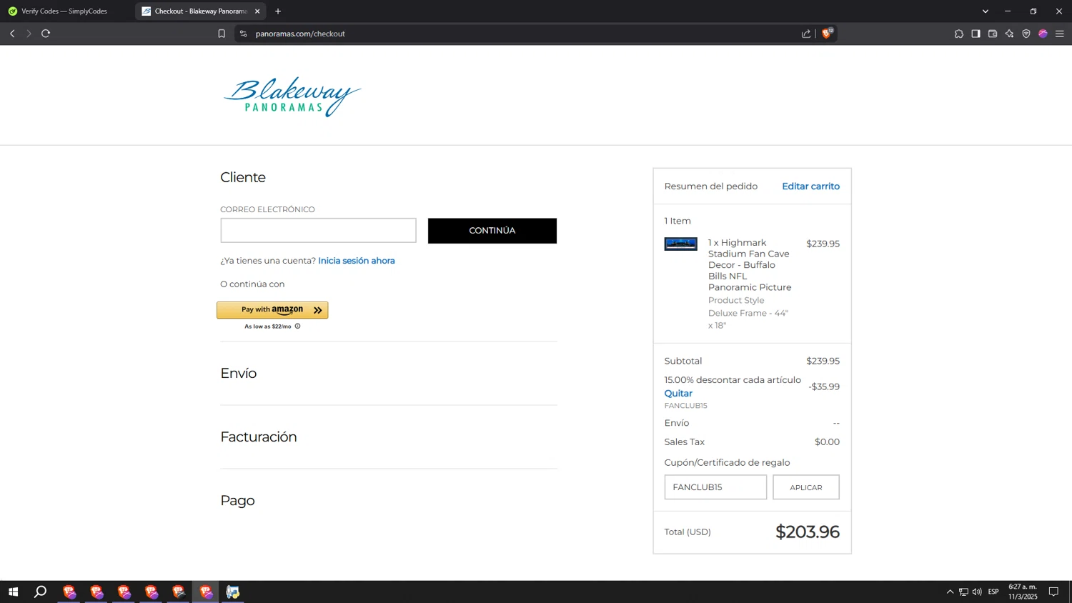 Blakeway Worldwide Panoramas coupon code screenshot showing code FANCLUB15 applied at Blakeway Worldwide Panoramas checkout page. Uploaded by SimplyCodes community member eeeeeeeeeeeeeeeeeeeeee on Mar 11, 2025