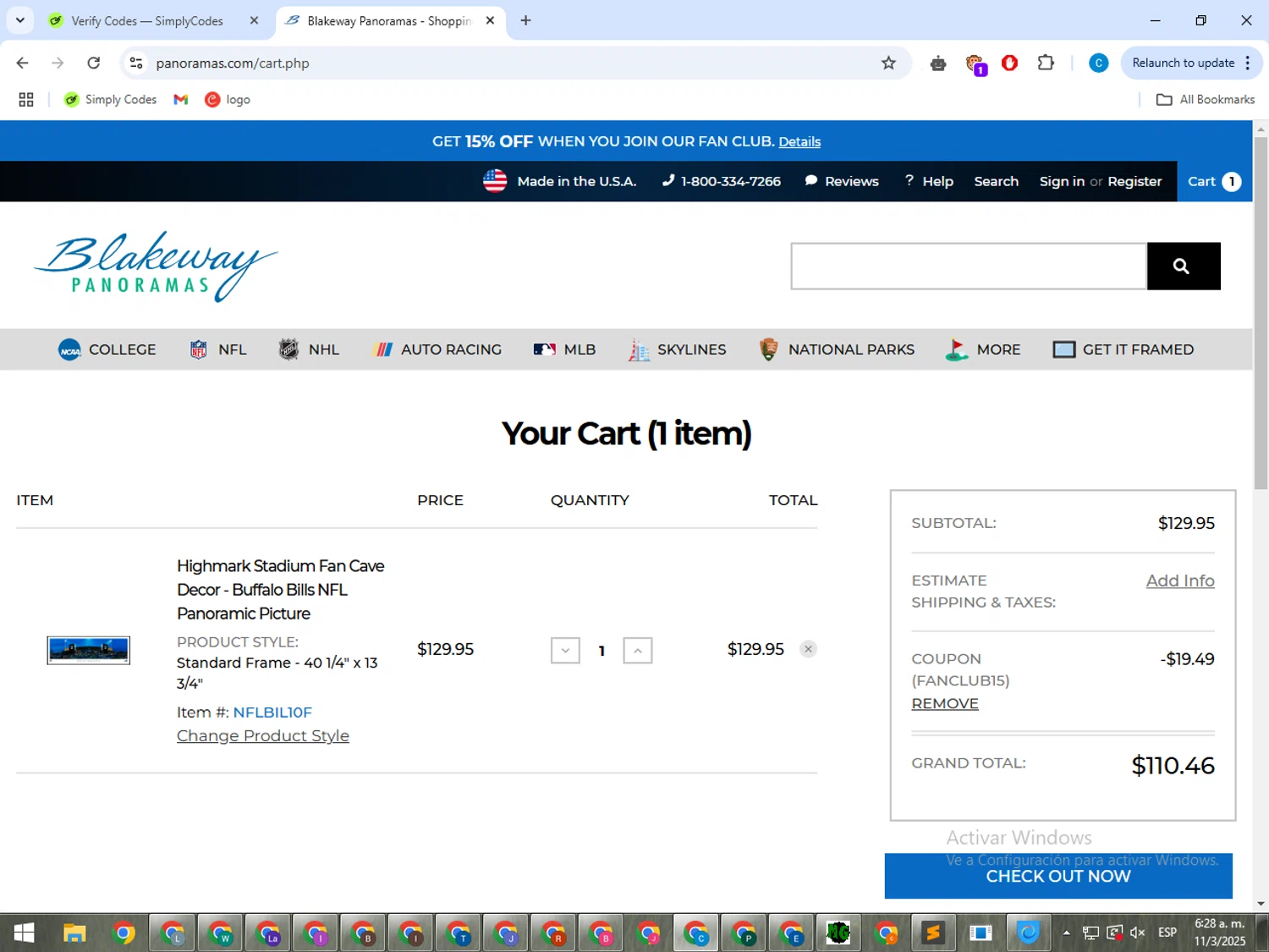 Blakeway Worldwide Panoramas coupon code screenshot showing code FANCLUB15 applied at Blakeway Worldwide Panoramas checkout page. Uploaded by SimplyCodes community member ShrewdWhiz2806 on Mar 11, 2025