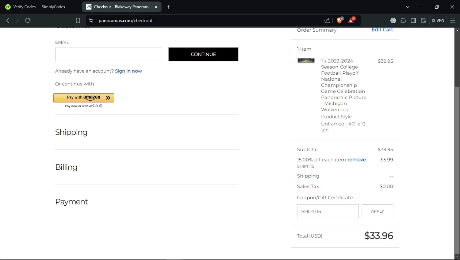 Blakeway Worldwide Panoramas coupon code screenshot showing code SHIPIT15 applied at Blakeway Worldwide Panoramas checkout page. Uploaded by SimplyCodes community member BrilliantTitan6909 on Jan 21, 2025