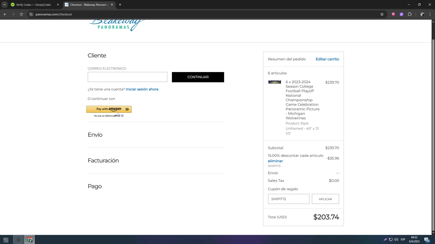 Blakeway Worldwide Panoramas coupon code screenshot showing code SHIPIT15 applied at Blakeway Worldwide Panoramas checkout page. Uploaded by SimplyCodes community member neurioandrades on Jun 6, 2025