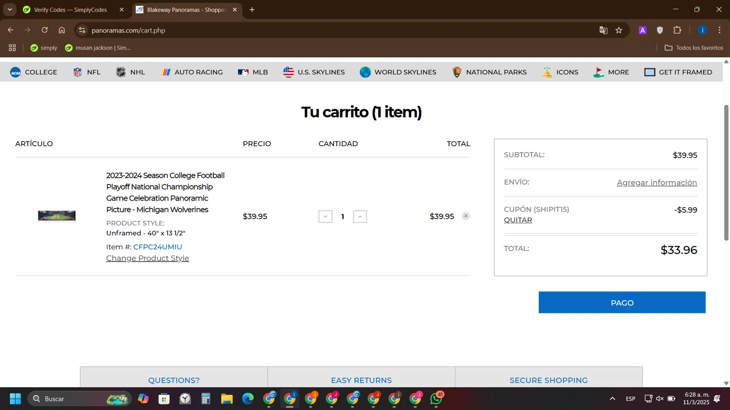 Blakeway Worldwide Panoramas coupon code screenshot showing code SHIPIT15 applied at Blakeway Worldwide Panoramas checkout page. Uploaded by SimplyCodes community member yameteqdasai on Mar 11, 2025