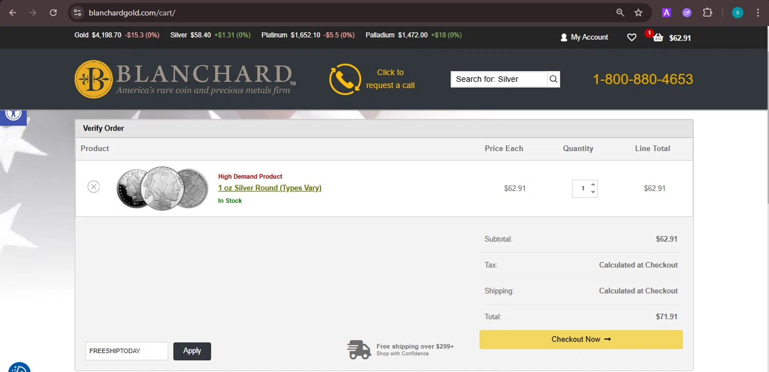 Blanchard and Company promo code screenshot showing code FREESHIPTODAY applied at Blanchard and Company checkout page. Uploaded by SimplyCodes community member ValiantChaser7723 on Dec 7, 2025