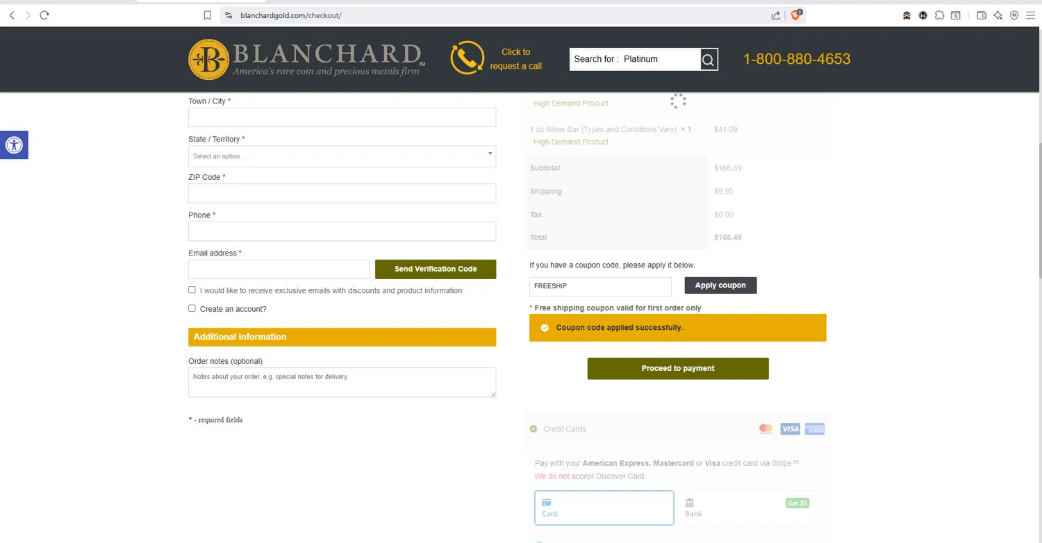 Blanchard and Company promo code screenshot showing code FREESHIP applied at Blanchard and Company checkout page. Uploaded by SimplyCodes community member dayselis15 on Jul 15, 2025