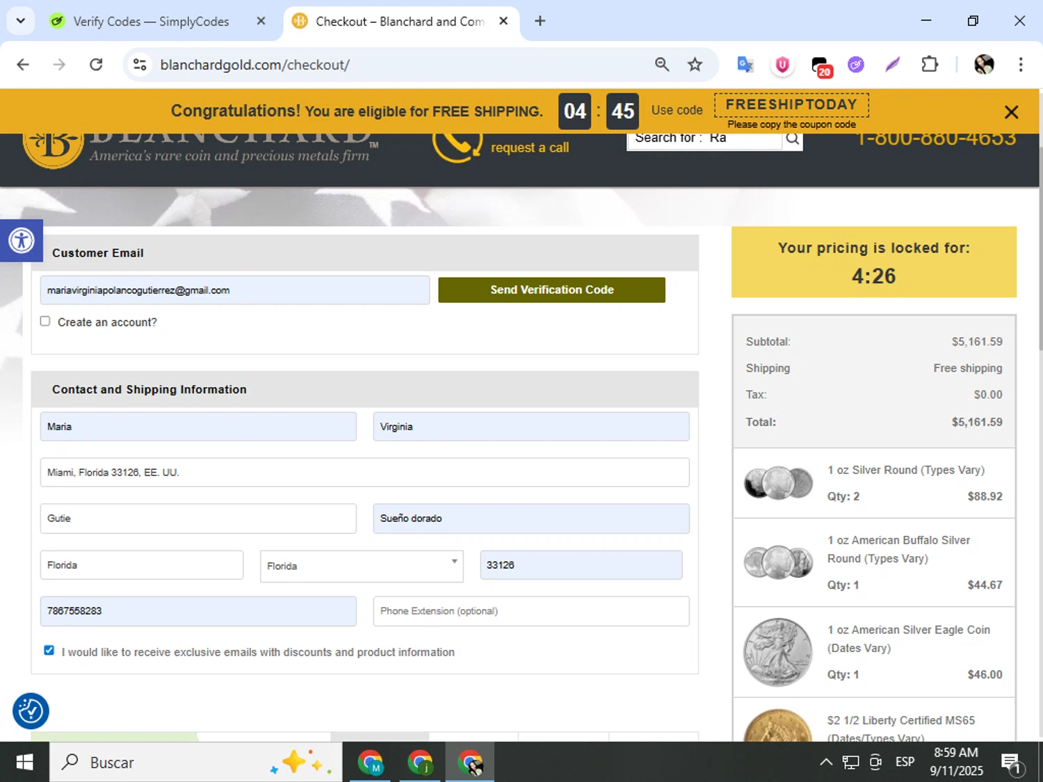 Blanchard and Company promo code screenshot showing code FREESHIP applied at Blanchard and Company checkout page. Uploaded by SimplyCodes community member mariapolancog on Sep 11, 2025