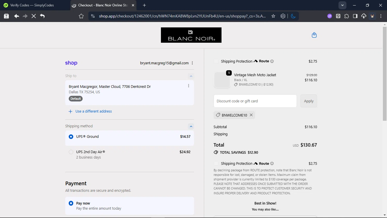 Blanc Noir discount code screenshot showing code BNWELCOME10 applied at Blanc Noir checkout page. Uploaded by SimplyCodes community member USER_RANDON on Dec 31, 2025