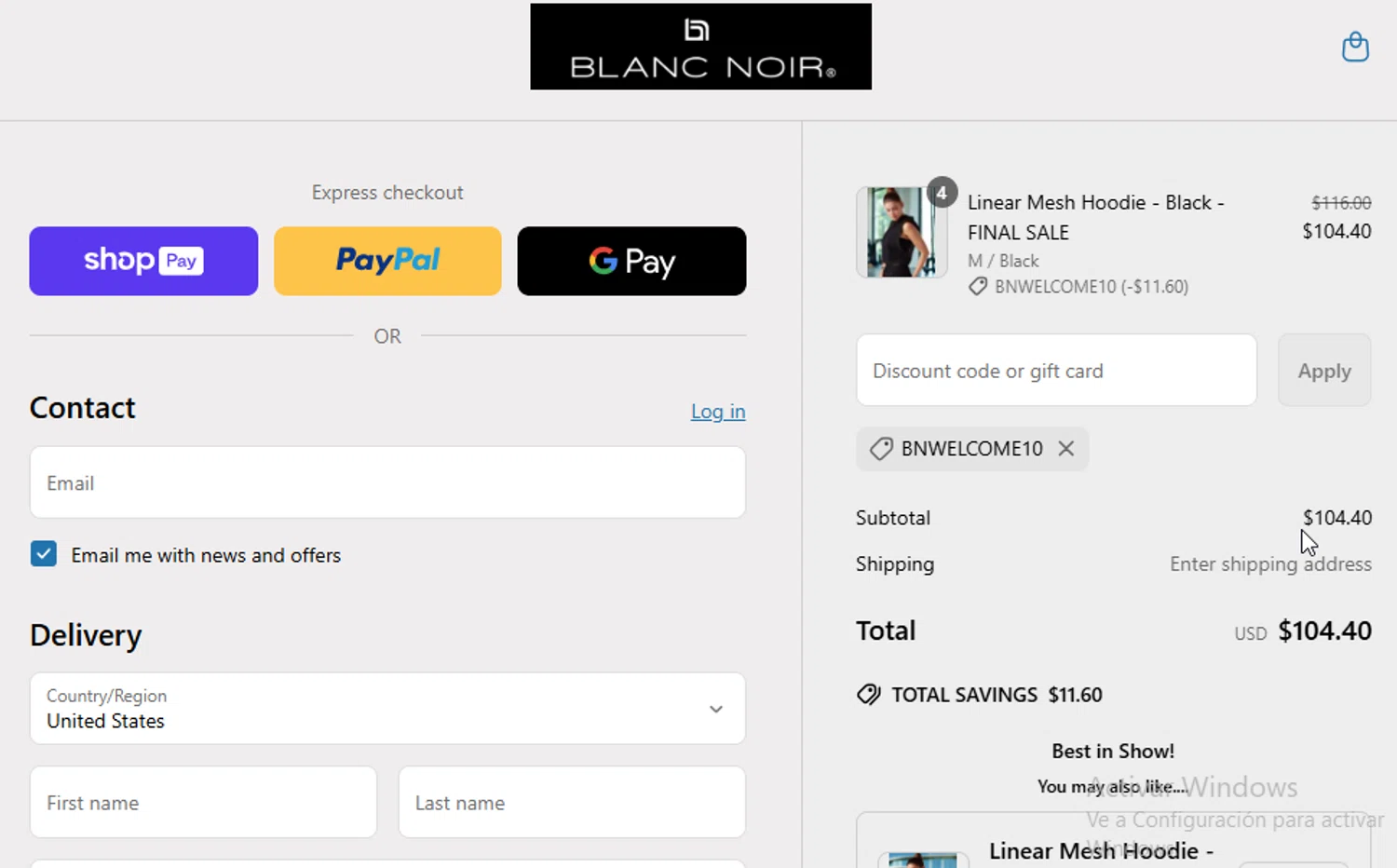 Blanc Noir discount code screenshot showing code BNWELCOME10 applied at Blanc Noir checkout page. Uploaded by SimplyCodes community member VictoriousElite9587 on May 23, 2025