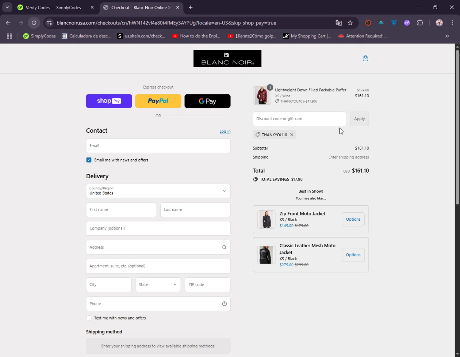 Blanc Noir discount code screenshot showing code THANKYOU10 applied at Blanc Noir checkout page. Uploaded by SimplyCodes community member ElIntrepidoVolador on Jul 26, 2025