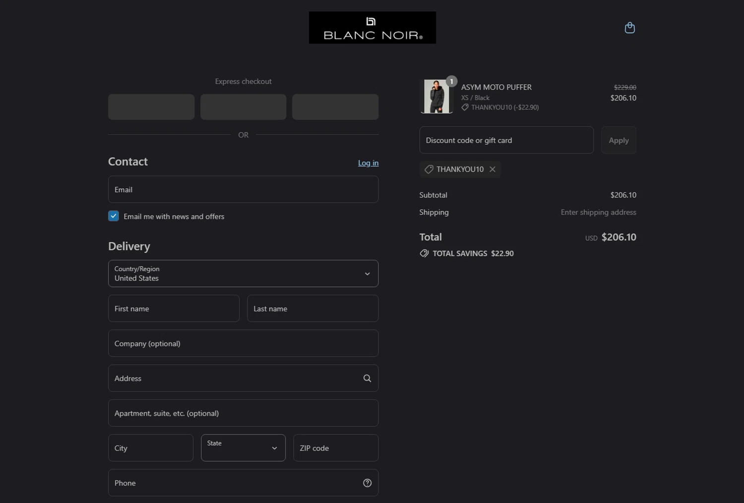 Blanc Noir discount code screenshot showing code THANKYOU10 applied at Blanc Noir checkout page. Uploaded by SimplyCodes community member tony2702 on Jul 22, 2025