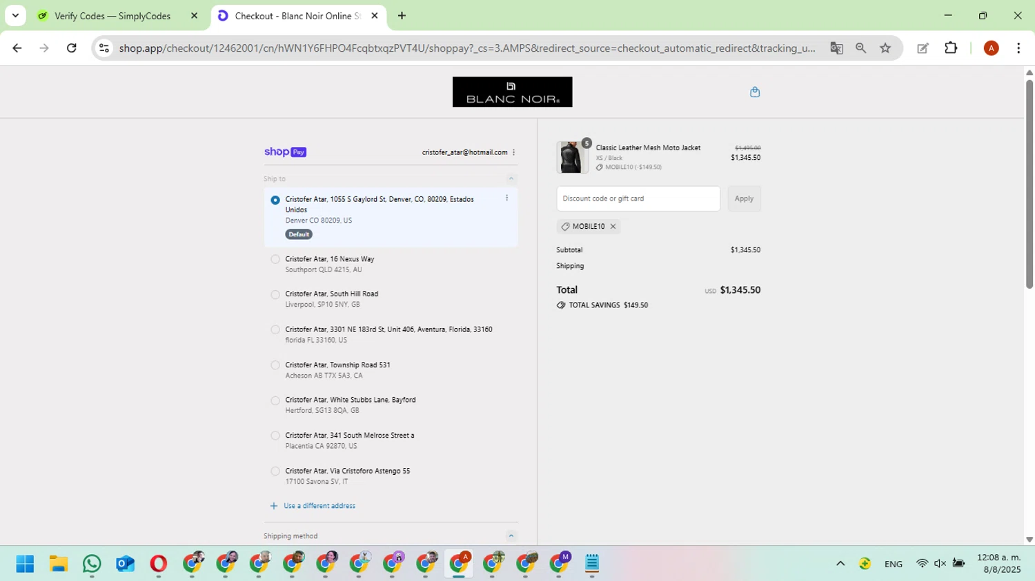 Blanc Noir discount code screenshot showing code MOBILE10 applied at Blanc Noir checkout page. Uploaded by SimplyCodes community member FundoKadmiel on Aug 8, 2025