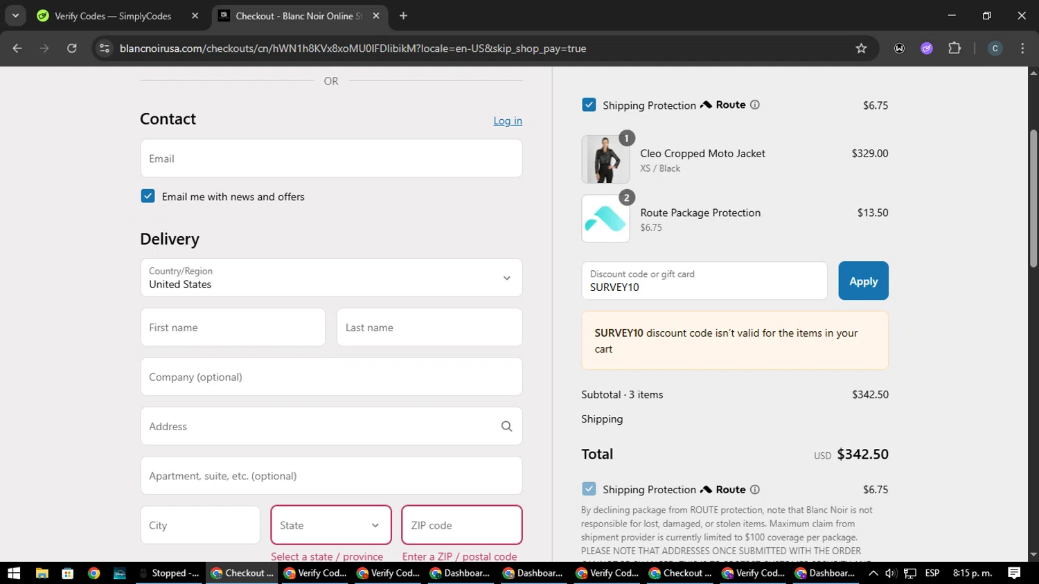 Blanc Noir discount code screenshot showing code SURVEY10 applied at Blanc Noir checkout page. Uploaded by SimplyCodes community member Nata_Montana on Aug 12, 2025