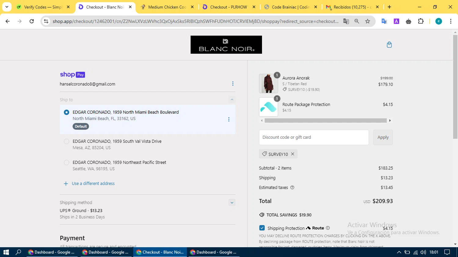 Blanc Noir discount code screenshot showing code SURVEY10 applied at Blanc Noir checkout page. Uploaded by SimplyCodes community member BonusVoyager4214 on Feb 4, 2025