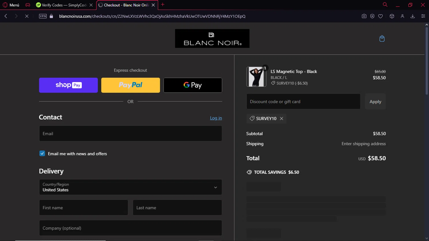 Blanc Noir discount code screenshot showing code SURVEY10 applied at Blanc Noir checkout page. Uploaded by SimplyCodes community member SwiftSleuth1271 on Jan 13, 2025