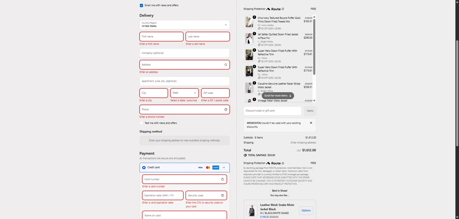 Blanc Noir discount code screenshot showing code WEMISSYOU applied at Blanc Noir checkout page. Uploaded by SimplyCodes community member FrugalFalcon3908 on Dec 21, 2025