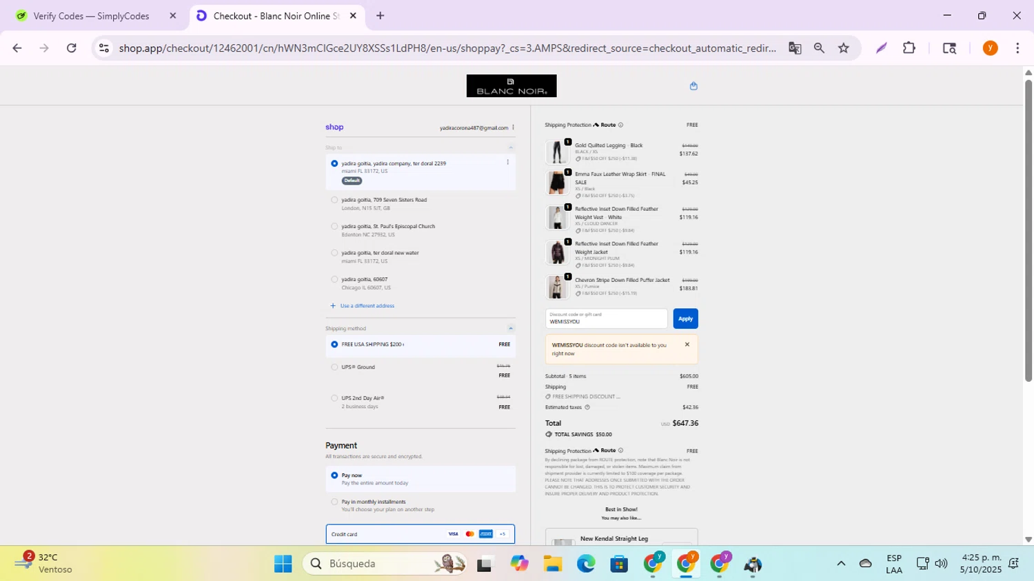 Blanc Noir discount code screenshot showing code WEMISSYOU applied at Blanc Noir checkout page. Uploaded by SimplyCodes community member ycg487 on Oct 5, 2025